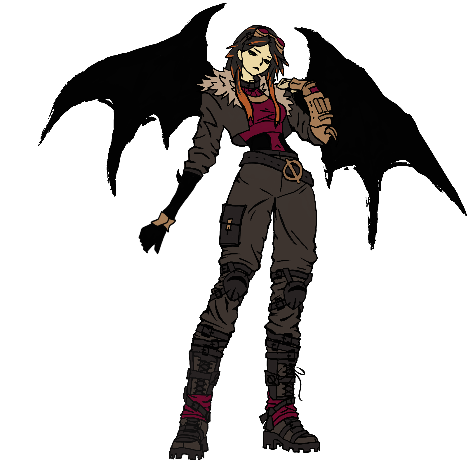 Latest drawing of Null, wearing goggles, a fur-collared charcoal outfit, burgundy accents, and brass armor